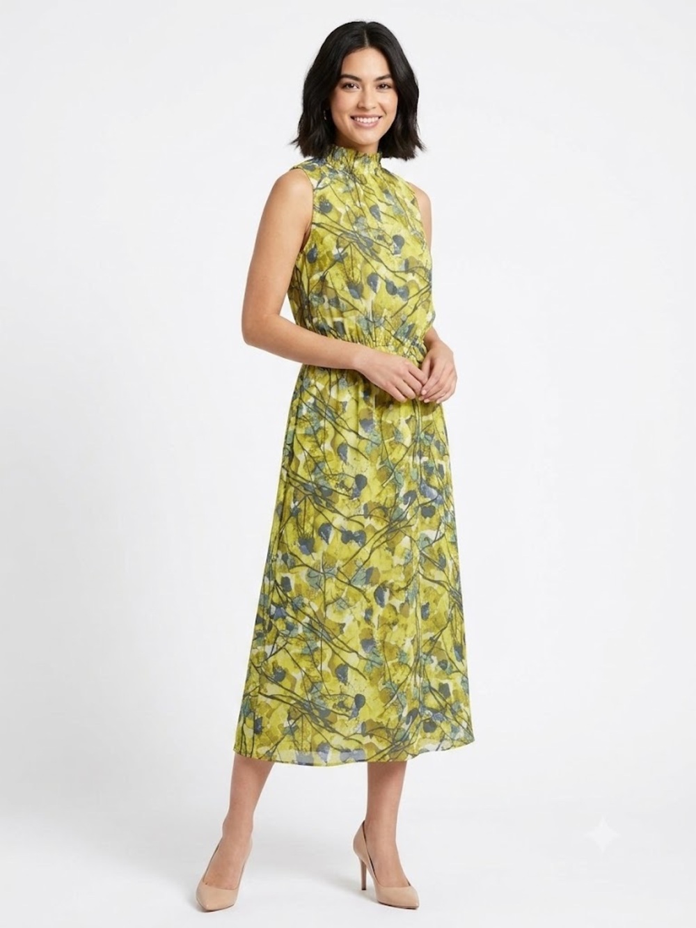 Prologue Yellow-Green Floral High-Neck Midi Dress